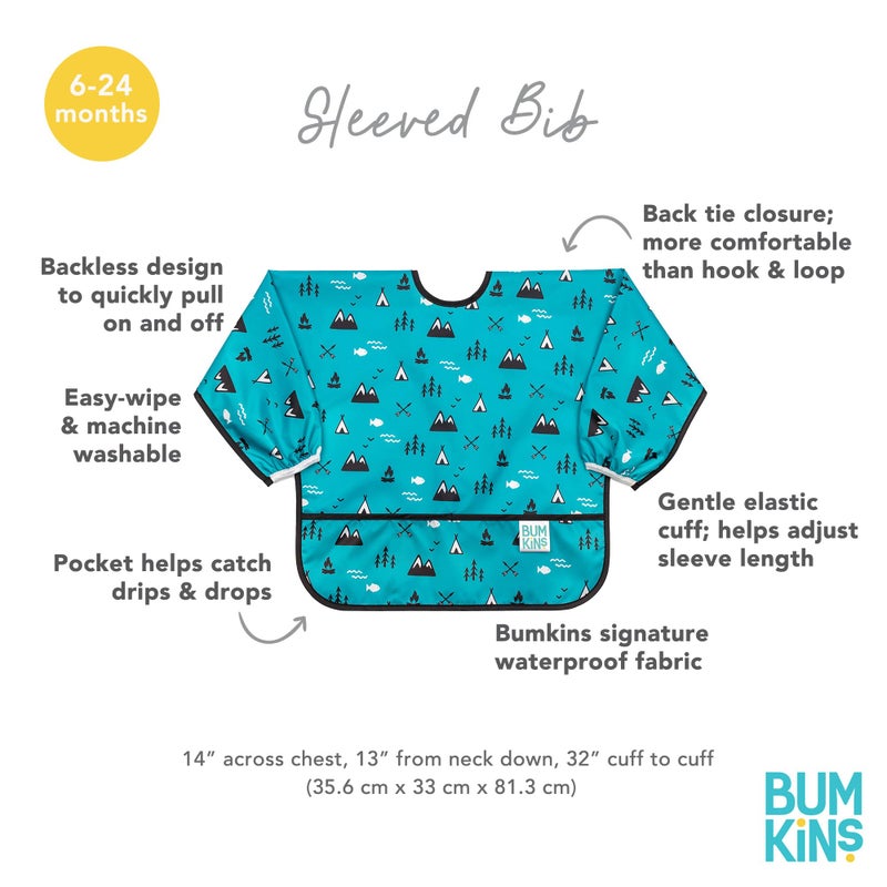 Bumkins Sleeved Bib for Girl or Boy, Baby and Toddler for 6-24 Mos, Essential Must Have for Eating, Feeding, Baby Led Weaning Supplies, Long Sleeve Mess Saving Food Catcher, Fabric, Outdoors Blue - Image 5